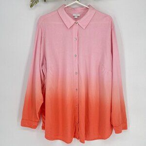 J. Jill Ombre Button Down Top Size 2X Roll Tab Sleeve Linen Blend Coastal Sunset